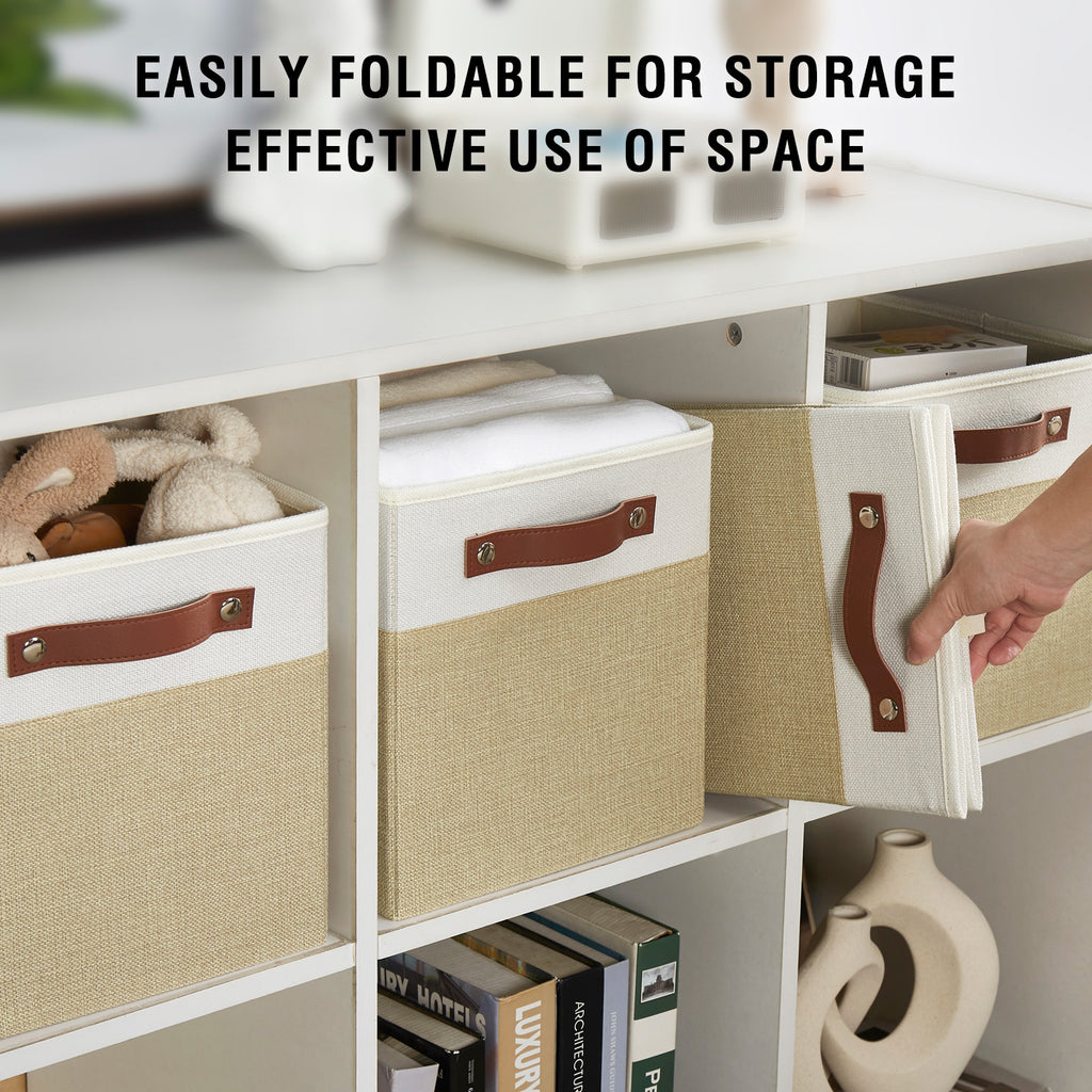 Collapsible Fabric Storage Cube Bins with 2 Reinforced PU Handles, Foldable Storage Organizer Baskets for Closet, Shelves, Living Room | 13"x13"x13", 4 Pack, Beige & White