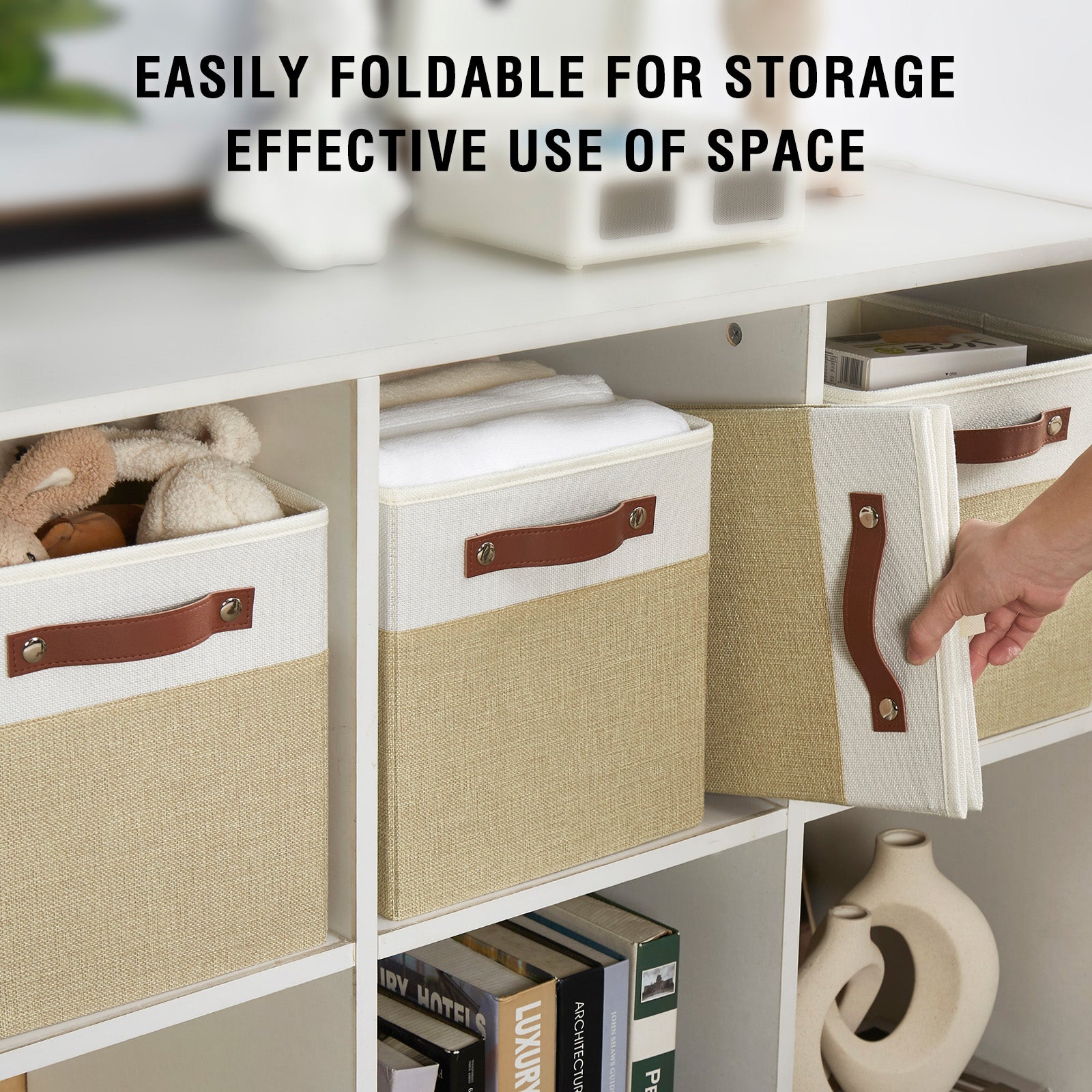 Collapsible Fabric Storage Cube Bins with 2 Reinforced PU Handles, Foldable Storage Organizer Baskets for Closet, Shelves, Living Room | 13"x13"x13", 4 Pack, Beige & White
