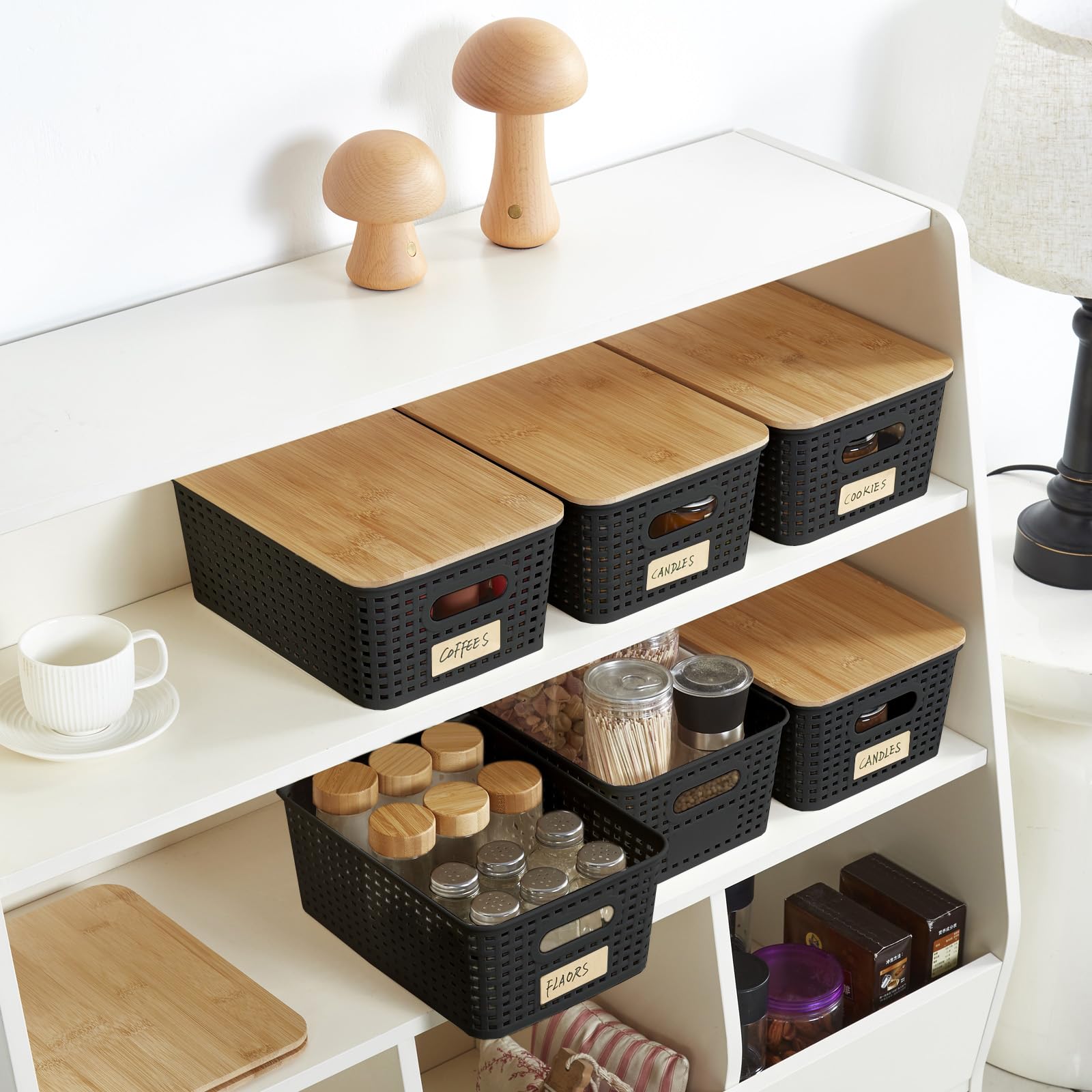 Small Plastic Storage Bins with Bamboo Lids 5.2qt Stackable Box Basket Pantry Decorative Containers Cute with Lable for Organizing Desktop Closet Office Black of 6 packs 10 * 7.2 * 4.1"