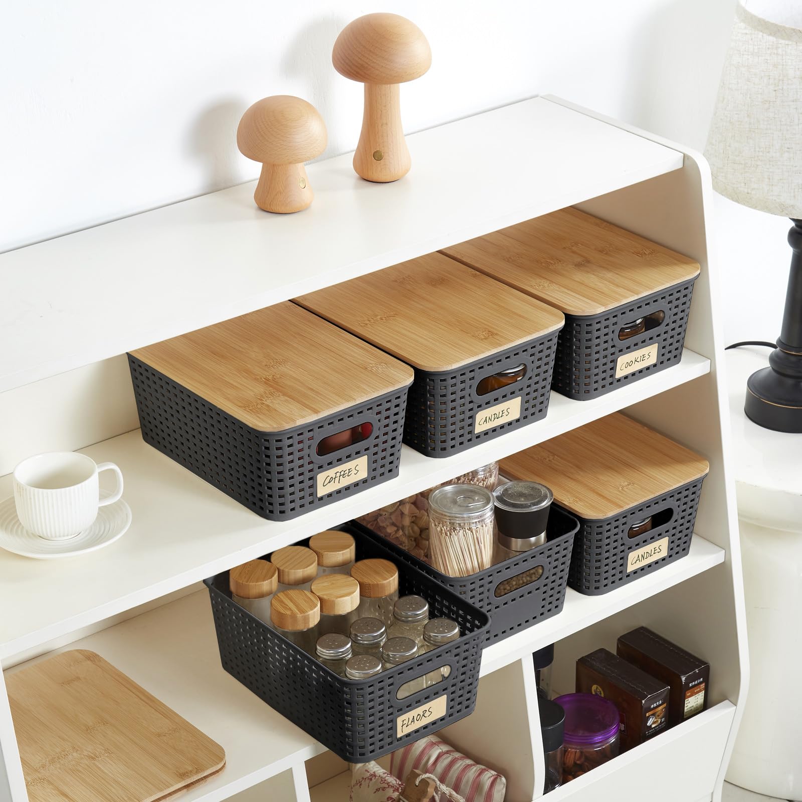 Bagnizer Small Plastic Storage Bins with Bamboo Lids 5.2qt Stackable Box Basket Pantry Decorative Containers Cute with Lable for Organizing Desktop Closet Office Gray of 6 packs 10*7.2*4.1'’