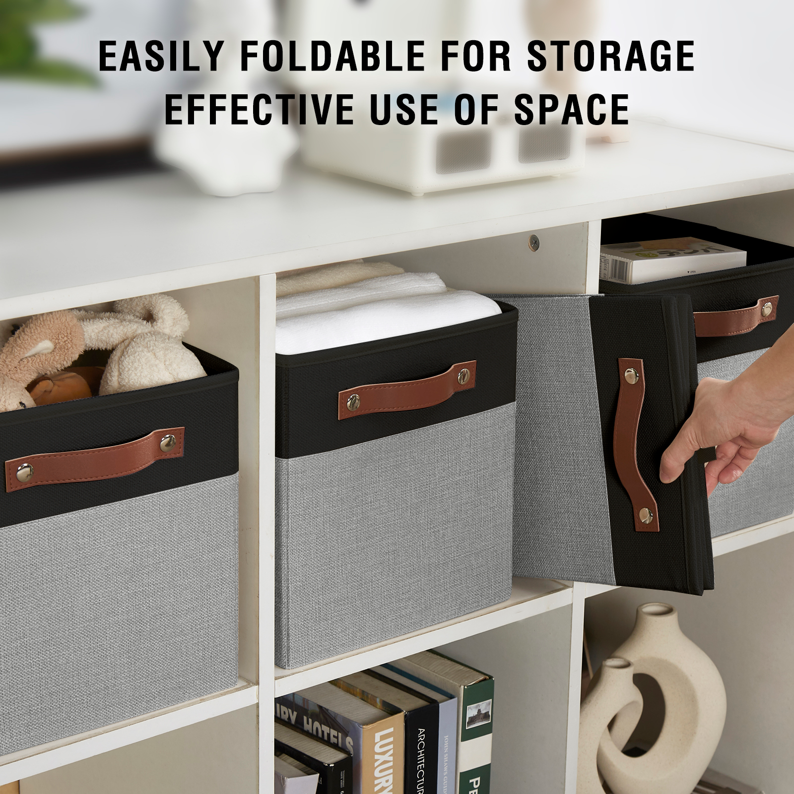 Collapsible Fabric Storage Cube Bins with 2 Reinforced PU Handles, Foldable Storage Organizer Baskets for Closet, Shelves, Living Room | 11"x11"x11", 4 Pack, Black & Gray
