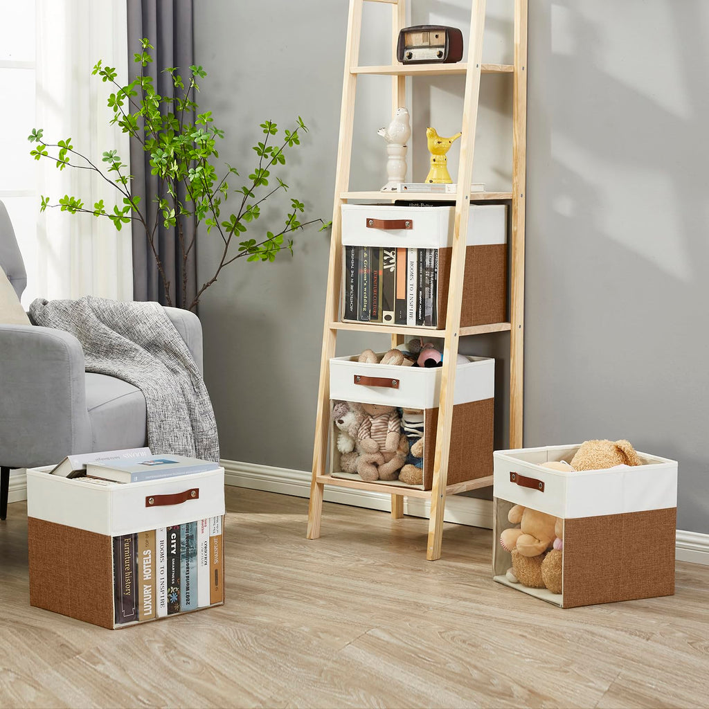 Bagnizer Storage Cubes, 4 Pack Linen Foldable Storage Bins (13 x 13 inch) with Clear Window and Handles, Fabric Organizer for Shelf Closet, Clothes, Books - (Brown and White)