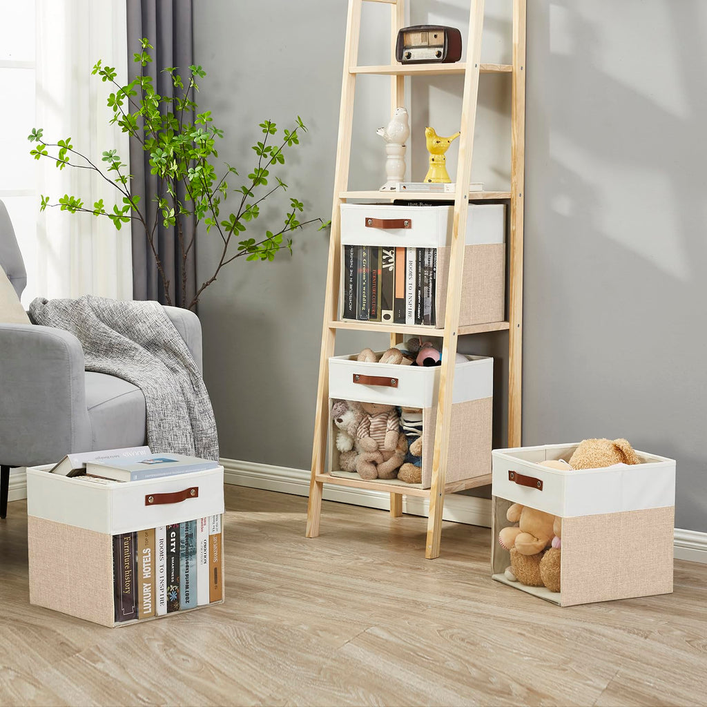 Bagnizer Storage Cubes, 4 Pack Linen Foldable Storage Bins (13 x 13 inch) with Clear Window and Handles, Fabric Organizer for Shelf Closet, Clothes, Books - (Beige and White)