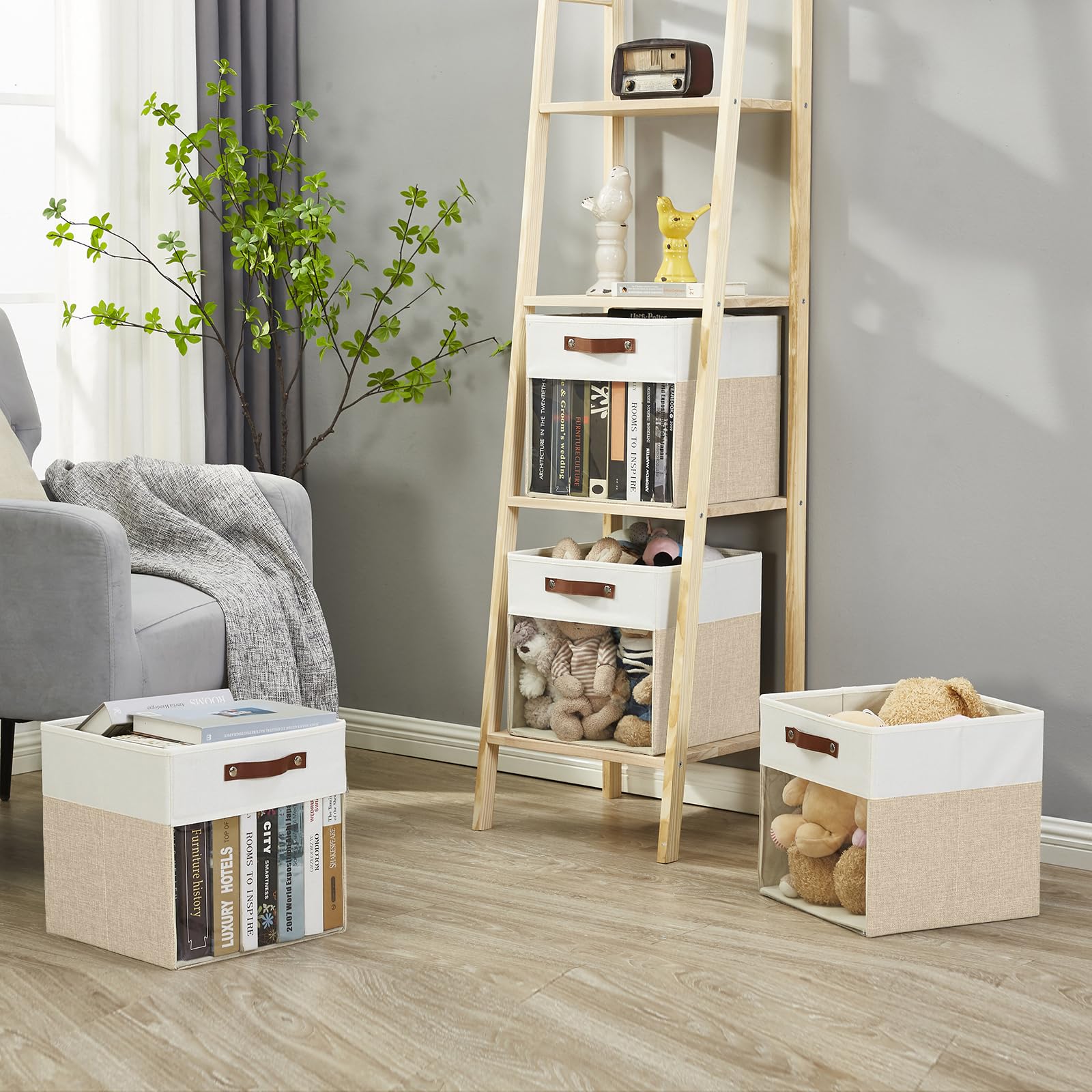 Bagnizer Storage Cubes, 4 Pack Linen Foldable Storage Bins (13 x 13 inch) with Clear Window and Handles, Fabric Organizer for Shelf Closet, Clothes, Books - (Beige and White)