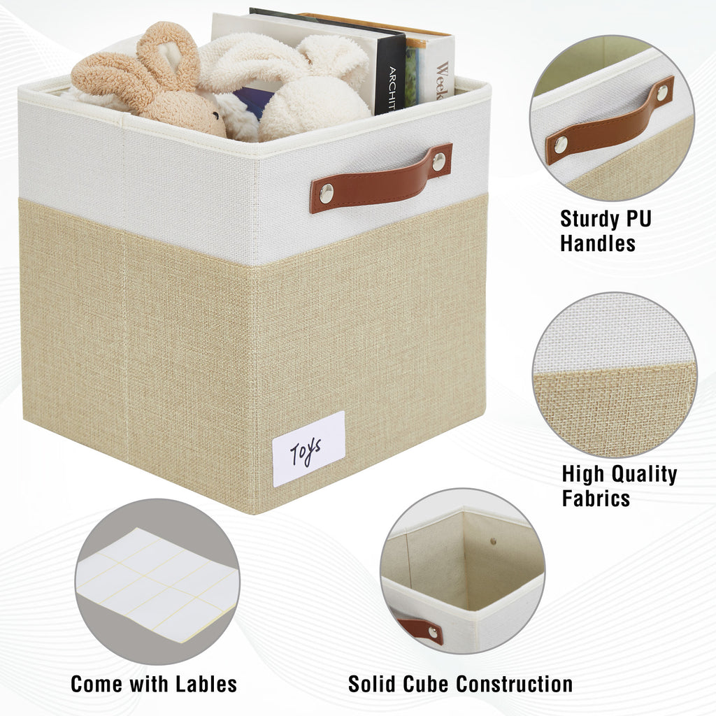 Collapsible Fabric Storage Cube Bins with 2 Reinforced PU Handles, Foldable Storage Organizer Baskets for Closet, Shelves, Living Room | 13"x13"x13", 4 Pack, Beige & White