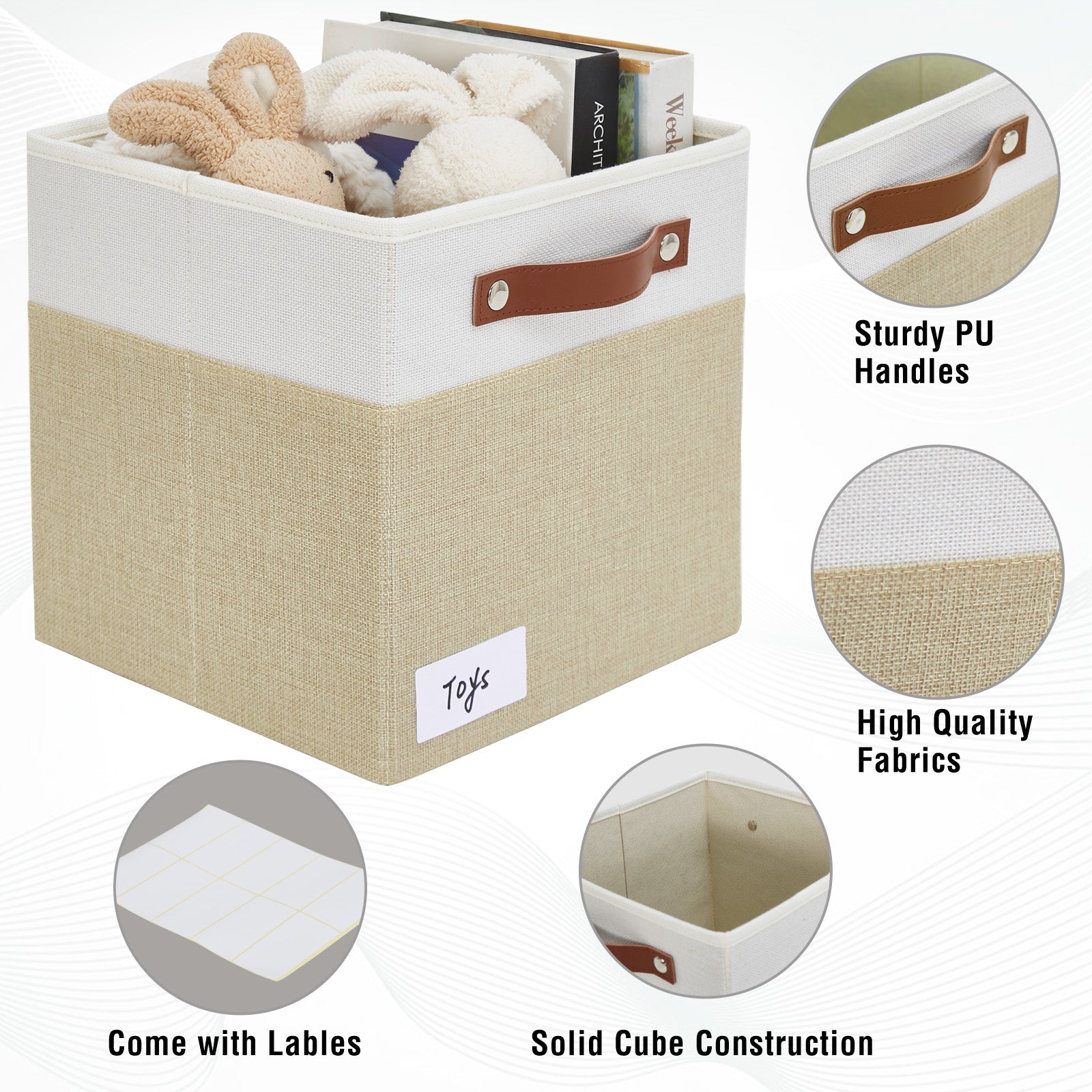 Collapsible Fabric Storage Cube Bins with 2 Reinforced PU Handles, Foldable Storage Organizer Baskets for Closet, Shelves, Living Room | 13"x13"x13", 4 Pack, Beige & White
