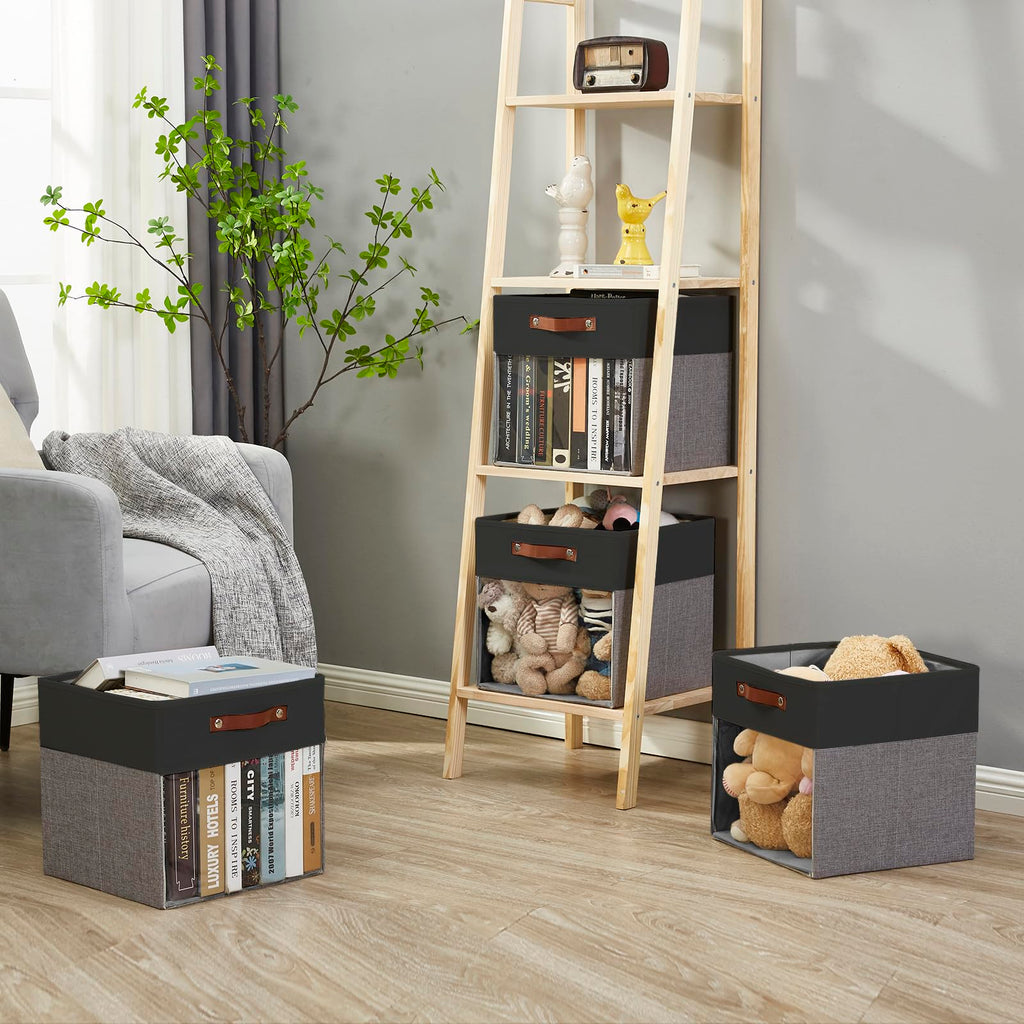 Bagnizer Storage Cubes, 4 Pack Linen Foldable Storage Bins (13 x 13 inch) with Clear Window and Handles, Fabric Organizer for Shelf Closet, Clothes, Books - (Gray and Black)