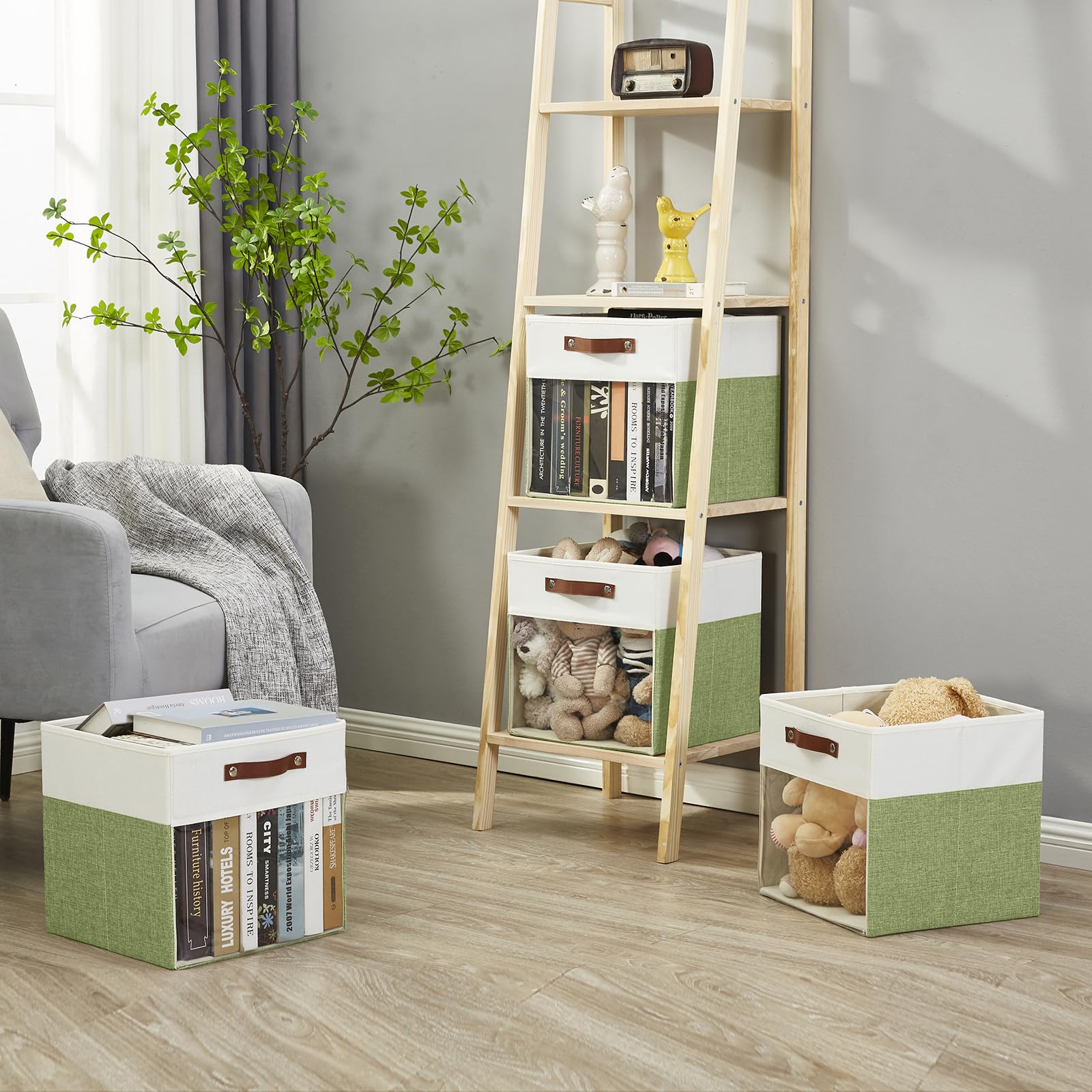 Bagnizer Storage Cubes, 4 Pack Linen Foldable Storage Bins (13 x 13 inch) with Clear Window and Handles, Fabric Organizer for Shelf Closet, Clothes, Books - (Green and White)