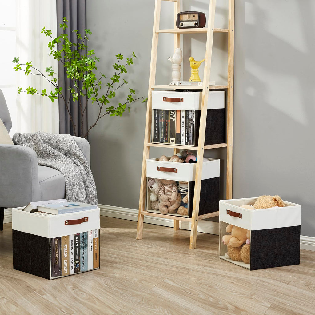 Bagnizer Storage Cubes, 4 Pack Linen Foldable Storage Bins (13 x 13 inch) with Clear Window and Handles, Fabric Organizer for Shelf Closet, Clothes, Books - (Black and White)