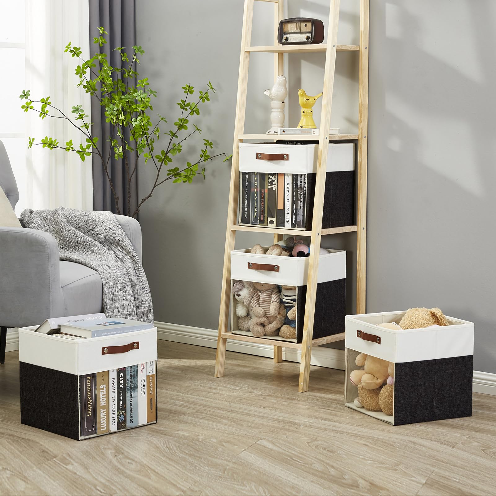 Bagnizer Storage Cubes, 4 Pack Linen Foldable Storage Bins (13 x 13 inch) with Clear Window and Handles, Fabric Organizer for Shelf Closet, Clothes, Books - (Black and White)