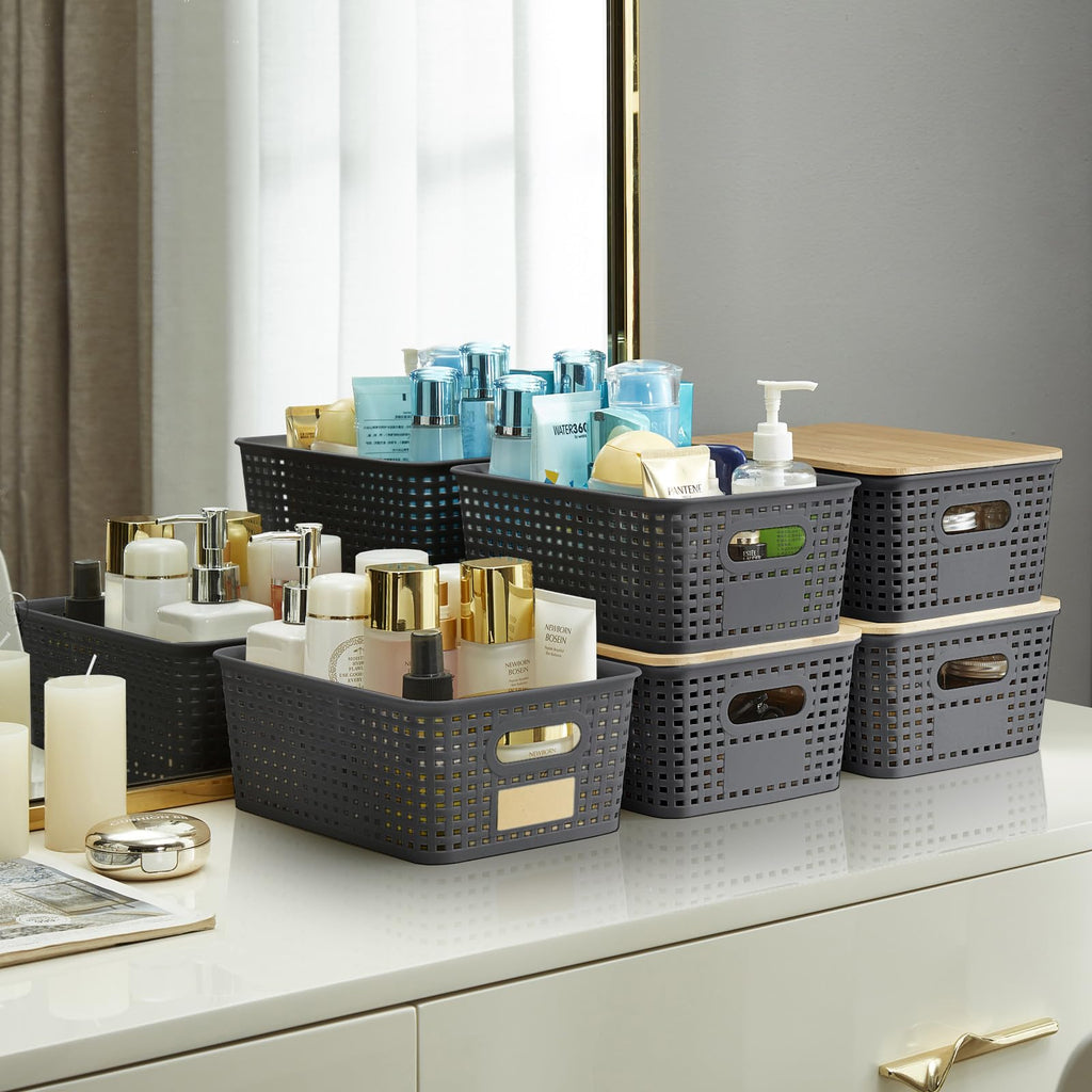 Bagnizer Small Plastic Storage Bins with Bamboo Lids 5.2qt Stackable Box Basket Pantry Decorative Containers Cute with Lable for Organizing Desktop Closet Office Gray of 6 packs 10*7.2*4.1'’
