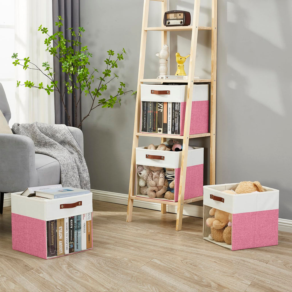 Bagnizer Storage Cubes, 4 Pack Linen Foldable Storage Bins (13 x 13 inch) with Clear Window and Handles, Fabric Organizer for Shelf Closet, Clothes, Books - (Pink and White)