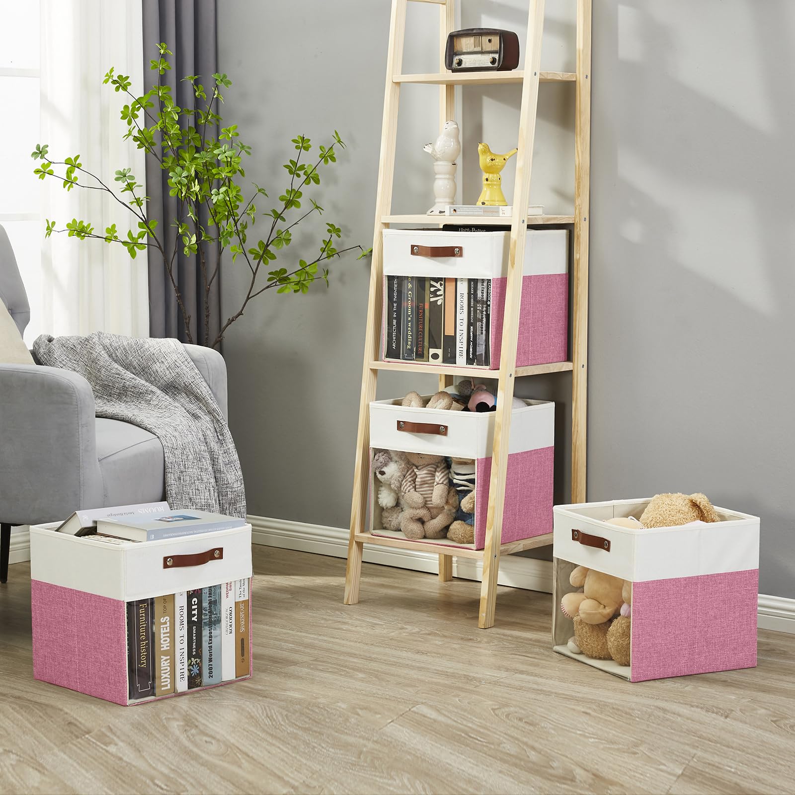 Bagnizer Storage Cubes, 4 Pack Linen Foldable Storage Bins (13 x 13 inch) with Clear Window and Handles, Fabric Organizer for Shelf Closet, Clothes, Books - (Pink and White)
