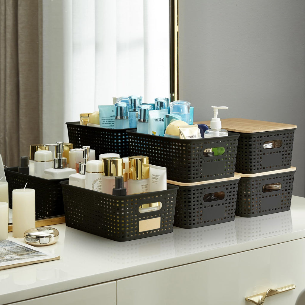 Small Plastic Storage Bins with Bamboo Lids 5.2qt Stackable Box Basket Pantry Decorative Containers Cute with Lable for Organizing Desktop Closet Office Black of 6 packs 10 * 7.2 * 4.1"