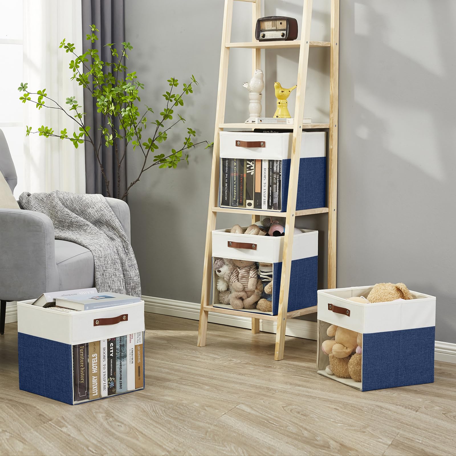 Bagnizer Storage Cubes, 4 Pack Linen Foldable Storage Bins (13 x 13 inch) with Clear Window and Handles, Fabric Organizer for Shelf Closet, Clothes, Books - (Navy Blue and White)