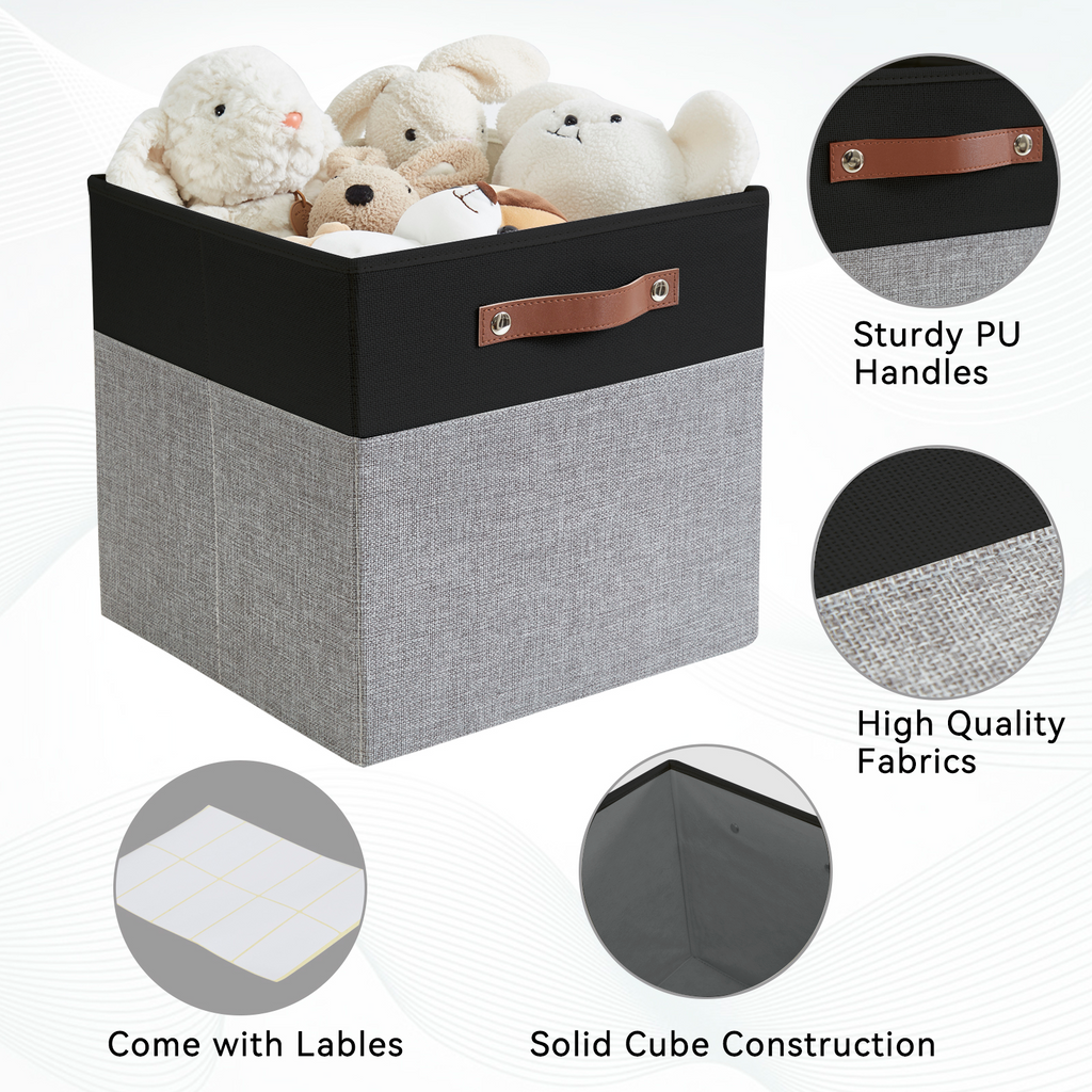 Collapsible Fabric Storage Cube Bins with 2 Reinforced PU Handles, Foldable Storage Organizer Baskets for Closet, Shelves, Living Room | 11"x11"x11", 4 Pack, Black & Gray