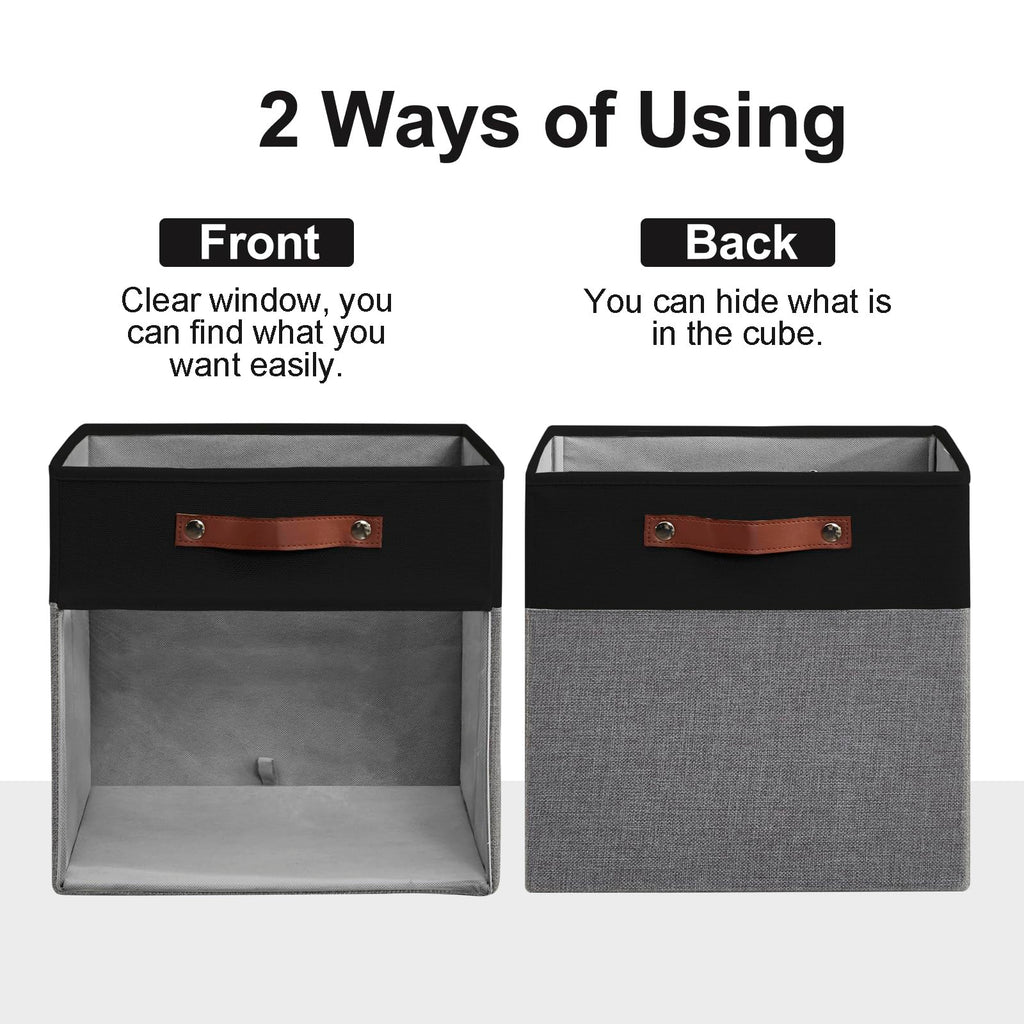 Bagnizer Storage Cubes, 4 Pack Linen Foldable Storage Bins (13 x 13 inch) with Clear Window and Handles, Fabric Organizer for Shelf Closet, Clothes, Books - (Gray and Black)