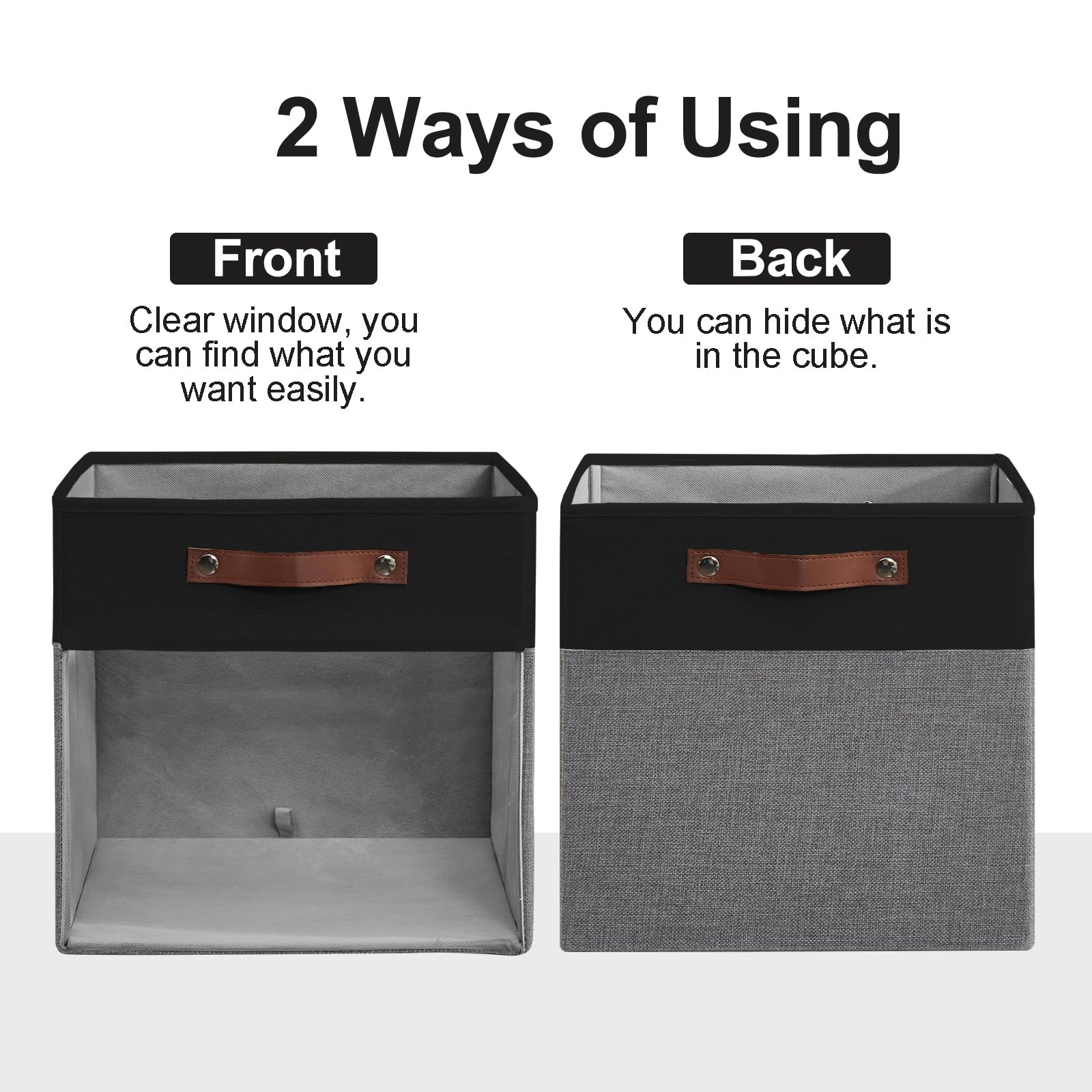 Bagnizer Storage Cubes, 4 Pack Linen Foldable Storage Bins (13 x 13 inch) with Clear Window and Handles, Fabric Organizer for Shelf Closet, Clothes, Books - (Gray and Black)
