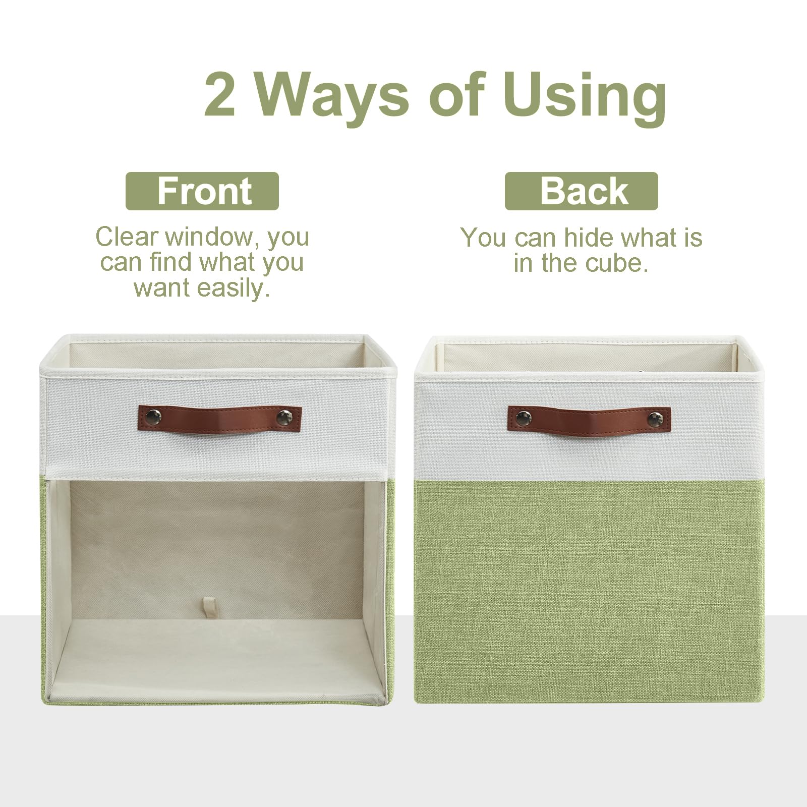Bagnizer Storage Cubes, 4 Pack Linen Foldable Storage Bins (13 x 13 inch) with Clear Window and Handles, Fabric Organizer for Shelf Closet, Clothes, Books - (Green and White)