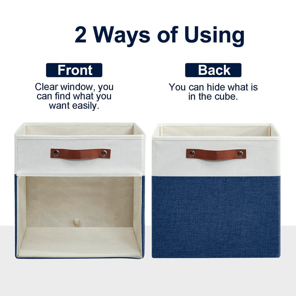 Bagnizer Storage Cubes, 4 Pack Linen Foldable Storage Bins (13 x 13 inch) with Clear Window and Handles, Fabric Organizer for Shelf Closet, Clothes, Books - (Navy Blue and White)