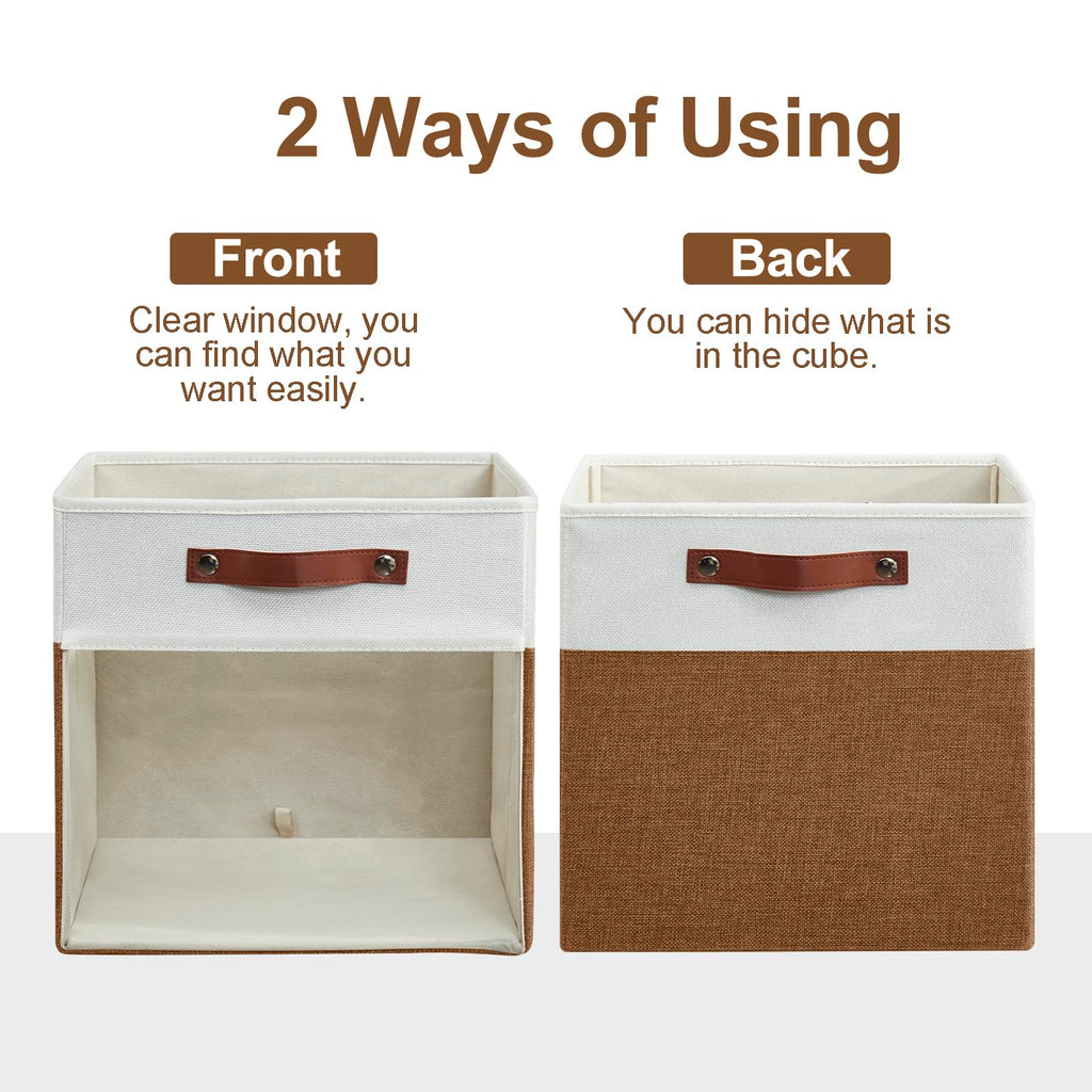Bagnizer Storage Cubes, 4 Pack Linen Foldable Storage Bins (13 x 13 inch) with Clear Window and Handles, Fabric Organizer for Shelf Closet, Clothes, Books - (Brown and White)
