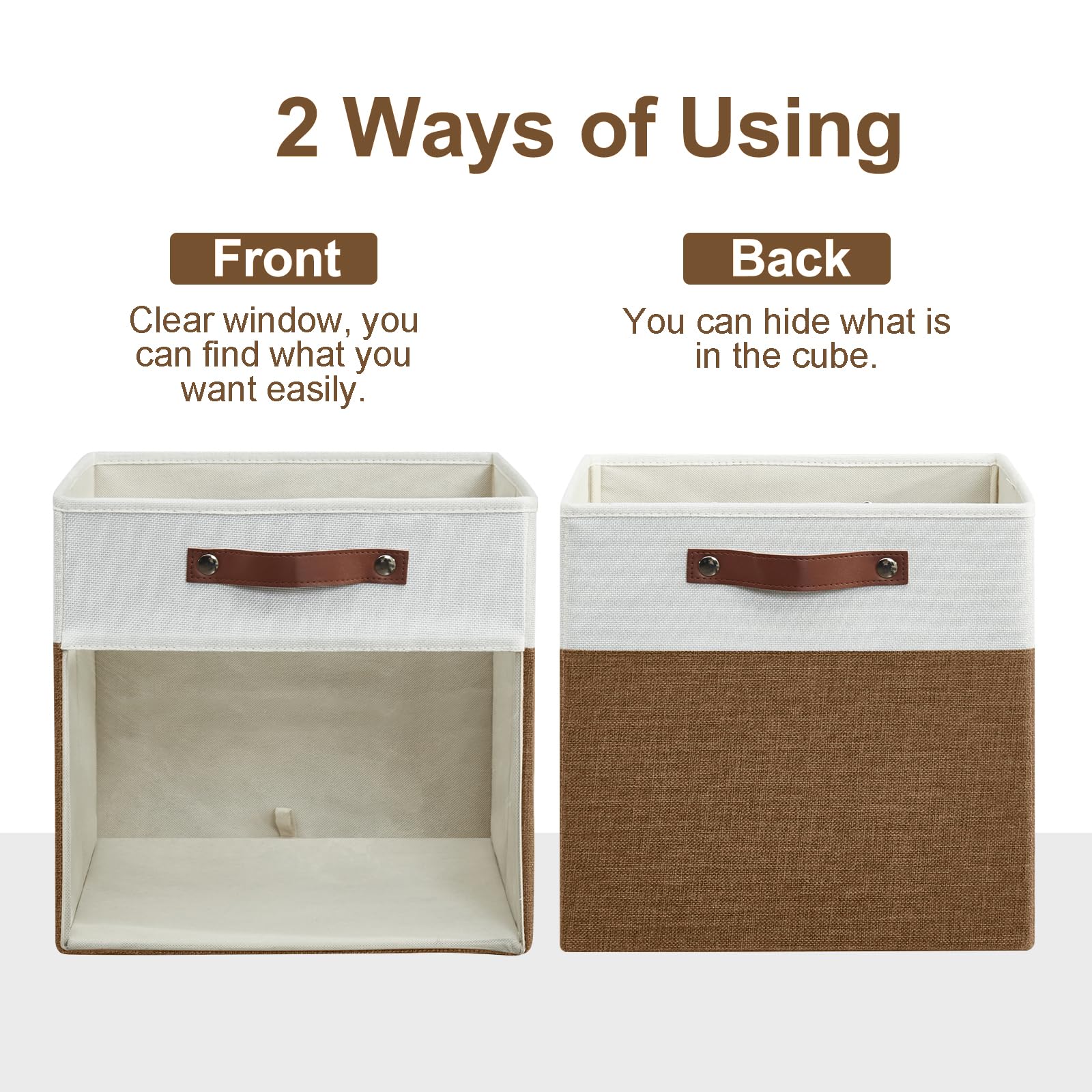 Bagnizer Storage Cubes, 4 Pack Linen Foldable Storage Bins (13 x 13 inch) with Clear Window and Handles, Fabric Organizer for Shelf Closet, Clothes, Books - (Brown and White)