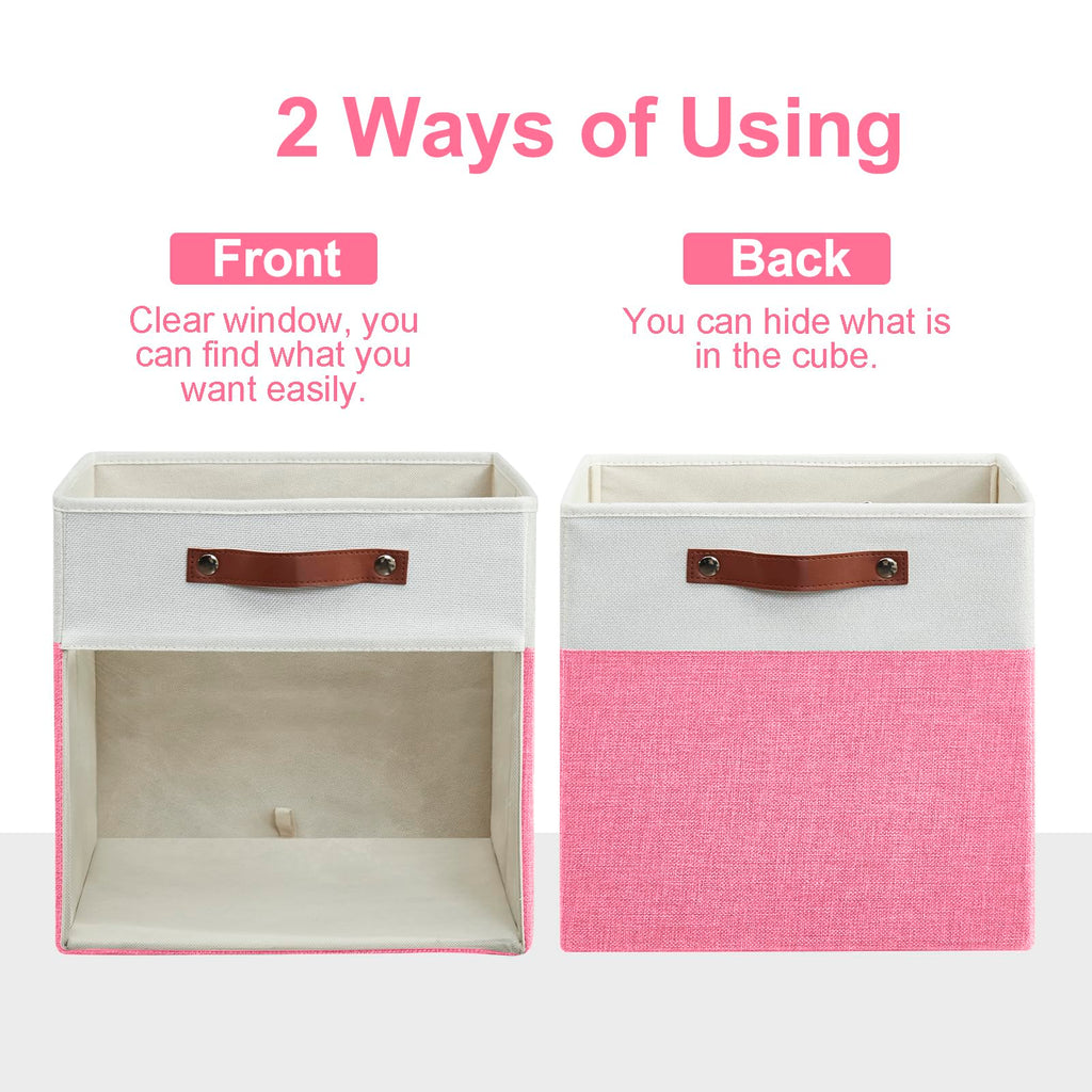 Bagnizer Storage Cubes, 4 Pack Linen Foldable Storage Bins (13 x 13 inch) with Clear Window and Handles, Fabric Organizer for Shelf Closet, Clothes, Books - (Pink and White)