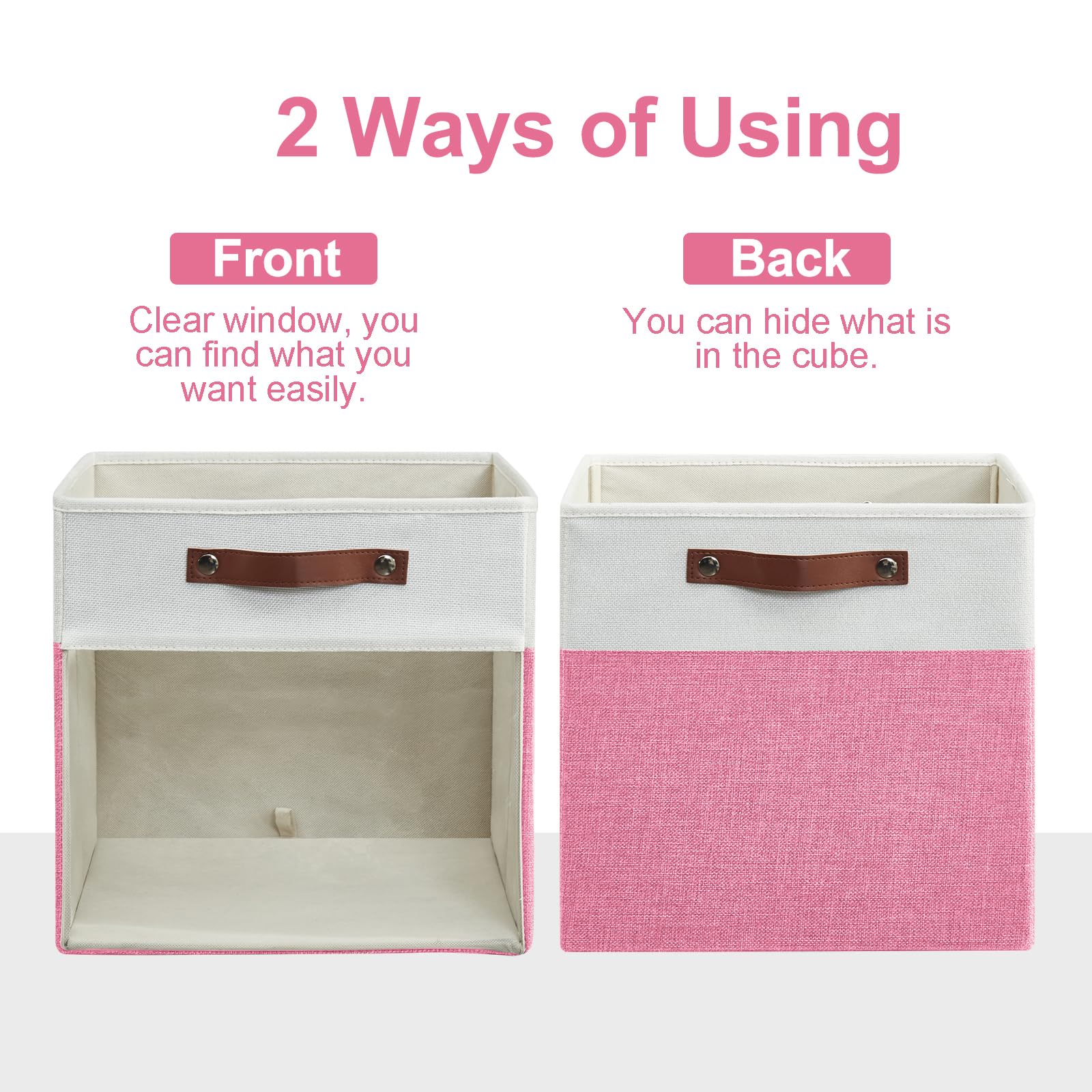Bagnizer Storage Cubes, 4 Pack Linen Foldable Storage Bins (13 x 13 inch) with Clear Window and Handles, Fabric Organizer for Shelf Closet, Clothes, Books - (Pink and White)