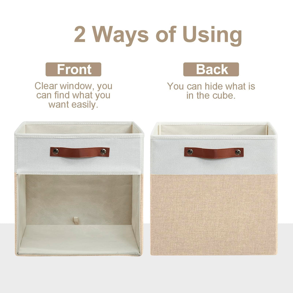 Bagnizer Storage Cubes, 4 Pack Linen Foldable Storage Bins (13 x 13 inch) with Clear Window and Handles, Fabric Organizer for Shelf Closet, Clothes, Books - (Beige and White)