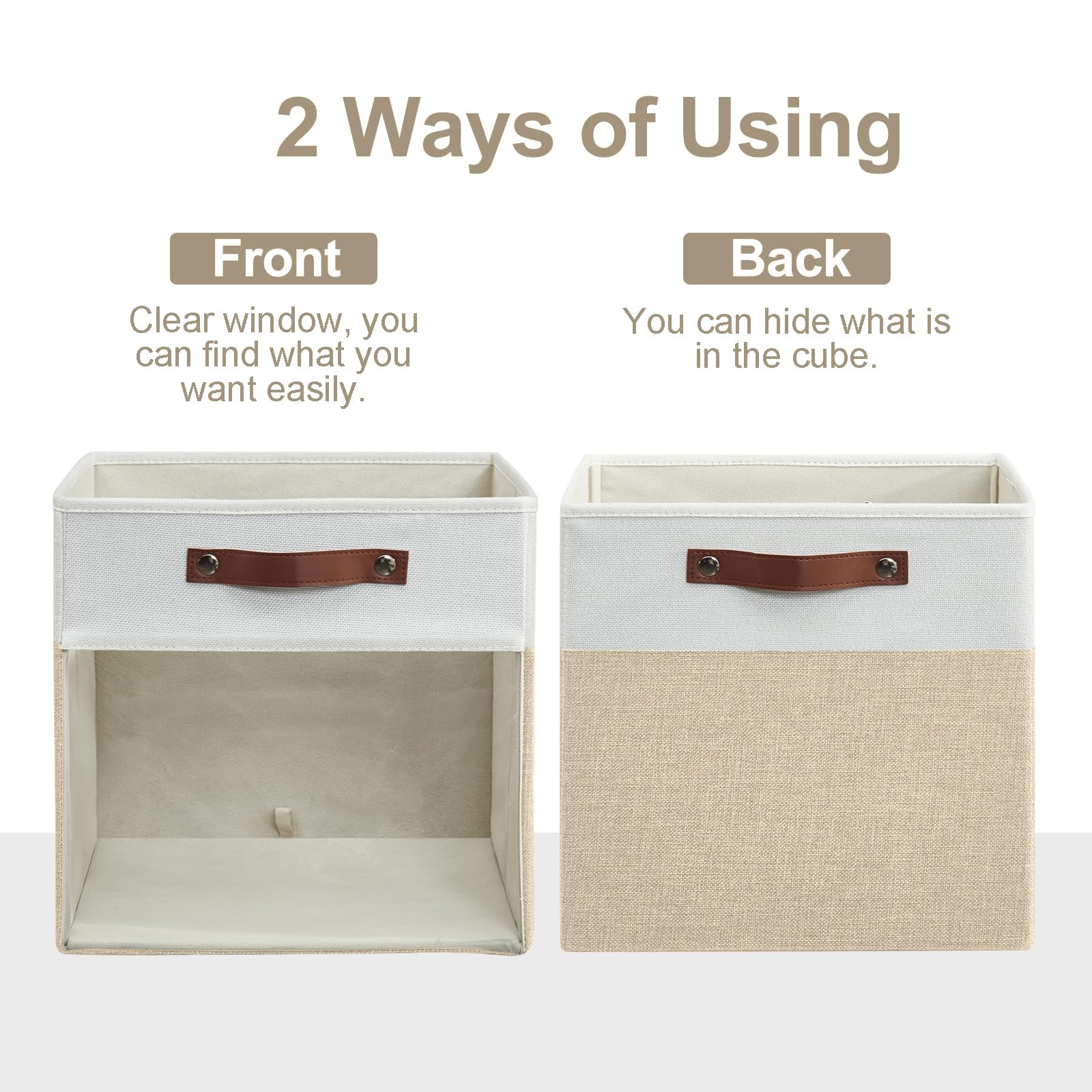Bagnizer Storage Cubes, 4 Pack Linen Foldable Storage Bins (13 x 13 inch) with Clear Window and Handles, Fabric Organizer for Shelf Closet, Clothes, Books - (Beige and White)