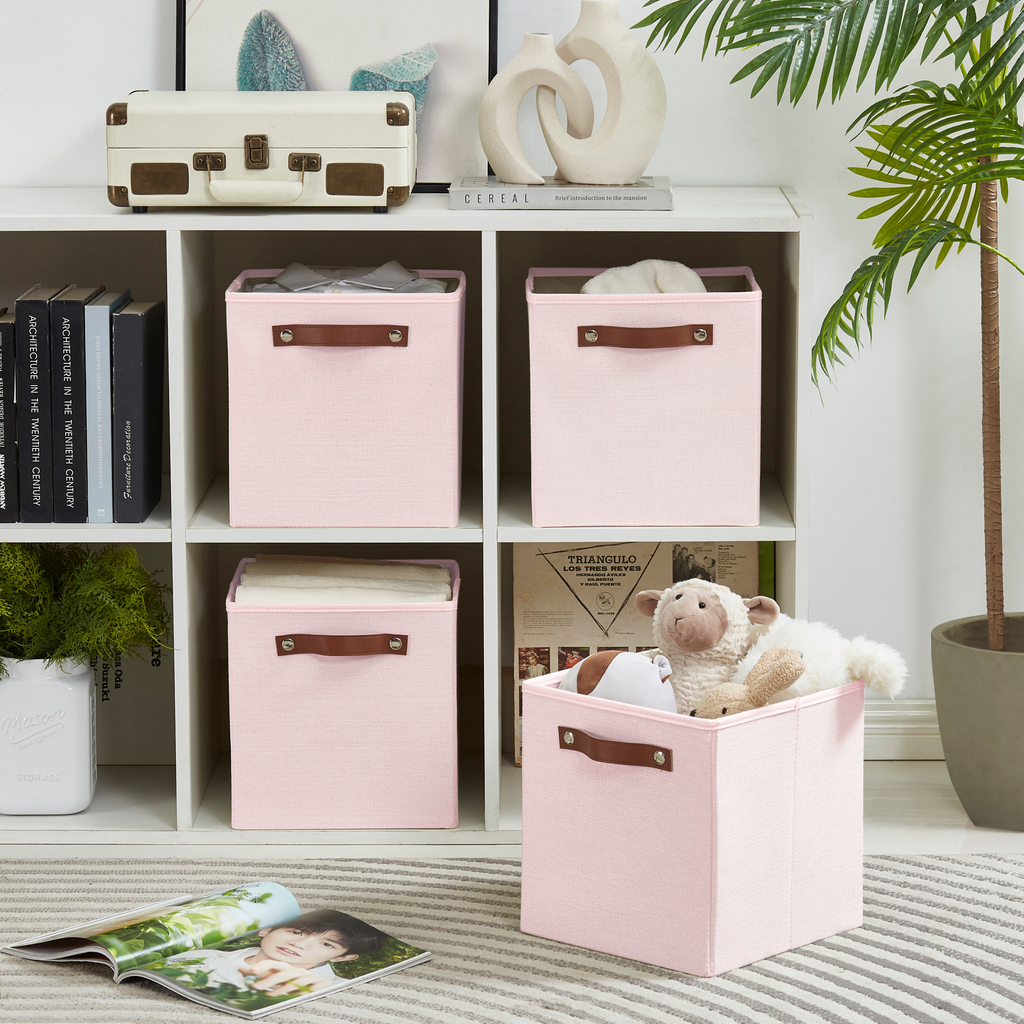 Collapsible Fabric Storage Cube Bins with 2 Reinforced PU Handles, Foldable Storage Organizer Baskets for Closet, Shelves, Living Room | 11"x11"x11", 4 Pack, Full Pink