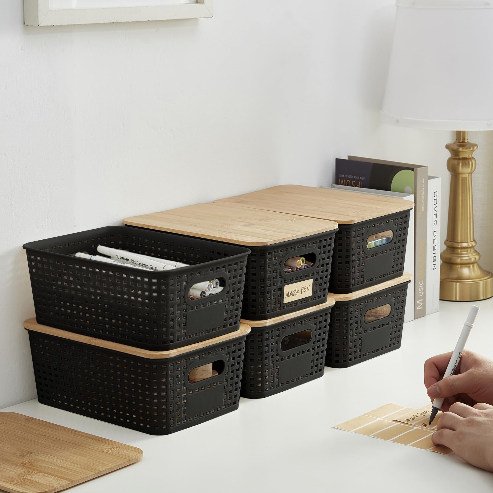 Small Plastic Storage Bins with Bamboo Lids 5.2qt Stackable Box Basket Pantry Decorative Containers Cute with Lable for Organizing Desktop Closet Office Black of 6 packs 10 * 7.2 * 4.1"