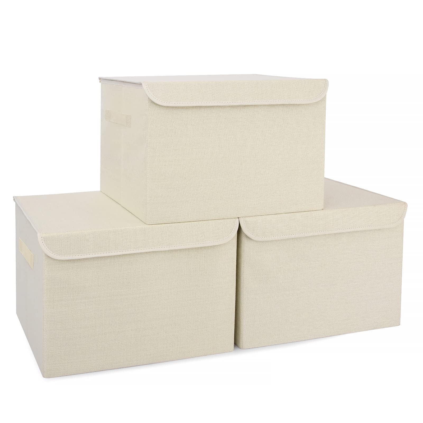 Bagnizer Large 42 Quarts Collapsible Stackable Storage Bins Cube with Lids [3-Pack] Foldable Fabric Linen Storage Boxes, Closet Organizer Baskets with Label for Home (16.7 x 12 x 12, Beige)