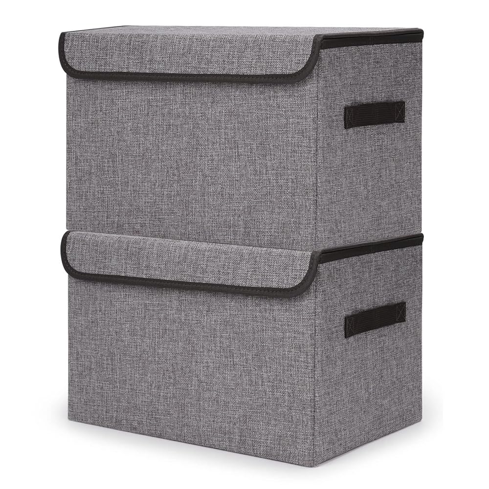 Bagnizer Large 42 Quarts Fabric Storage Bins with Lids [2-Pack] Linen Collapsible Foldable Storage Cubes, Closet Organizer Containers boxes with Handles for Home Office (16.7 x 12 x 12, Gray)